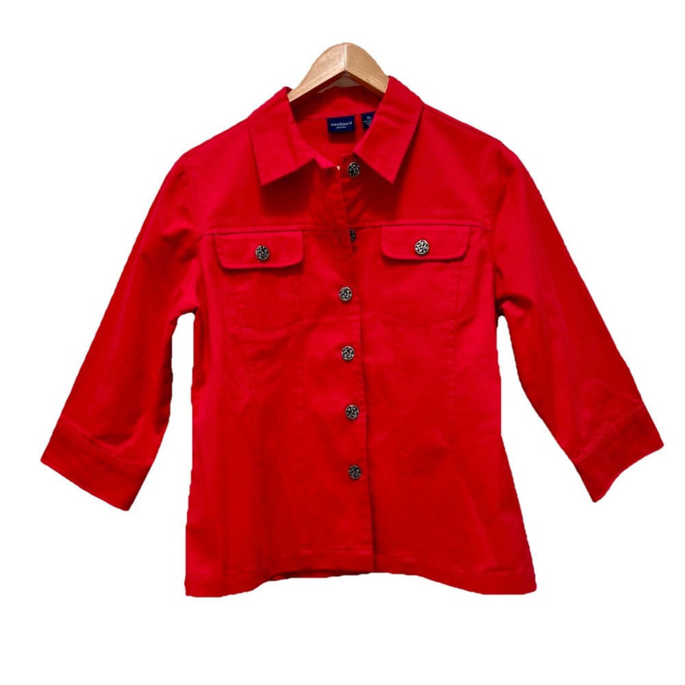 Westbound Petite Red Cotton Button Up 3/4 Sleeve Jacket Small Colorful Stretch